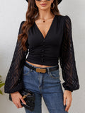 Lace Patchwork Plunge Long Sleeve Blouse - felvior