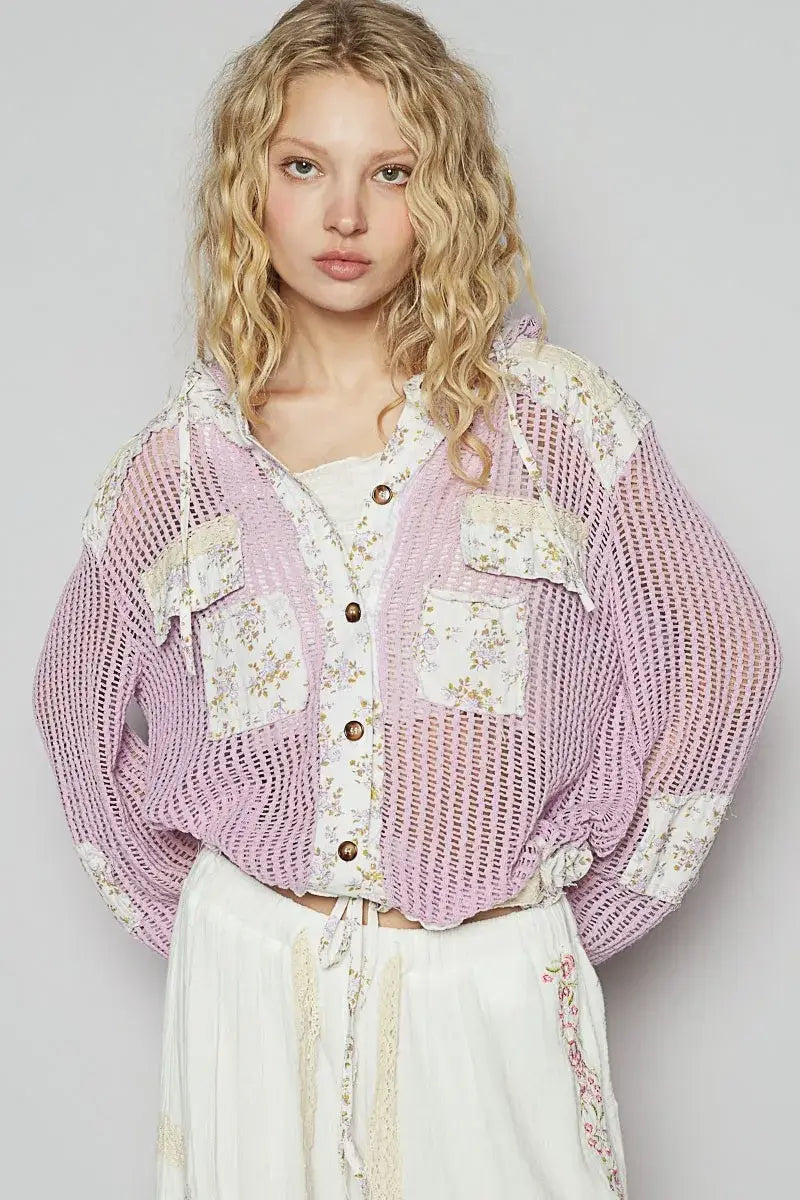 POL Vintage Washed Crochet Hoodie Jacket With Patchwork