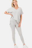 Zenana V-Neck Rolled Short Sleeve T-Shirt and Leggings Lounge Set - felvior