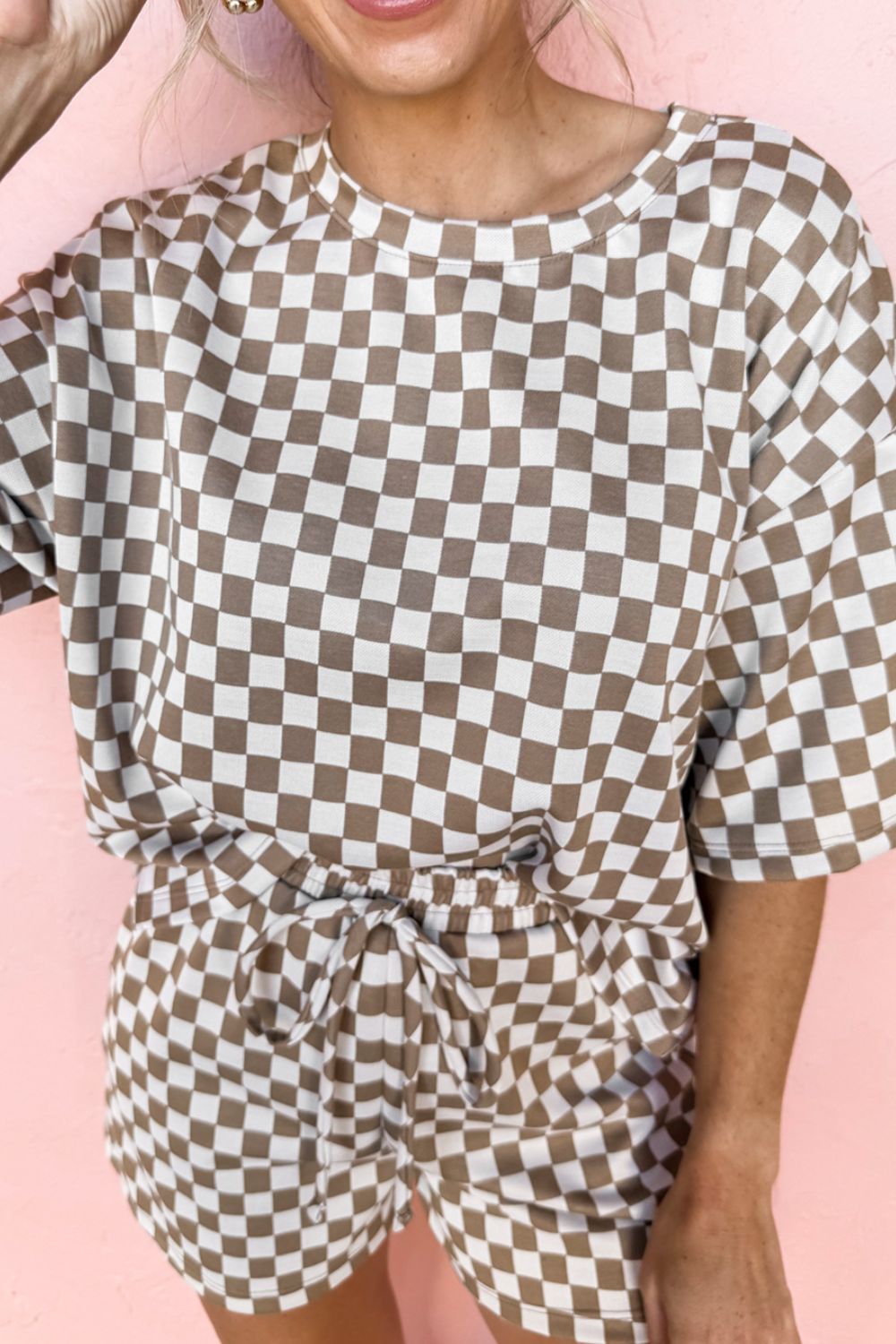 Checkered Round Neck Top and Shorts Set - felvior