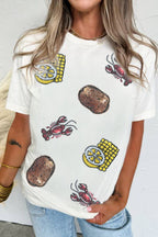 Sequin Crawfish Potato Round Neck Short Sleeve T-Shirt