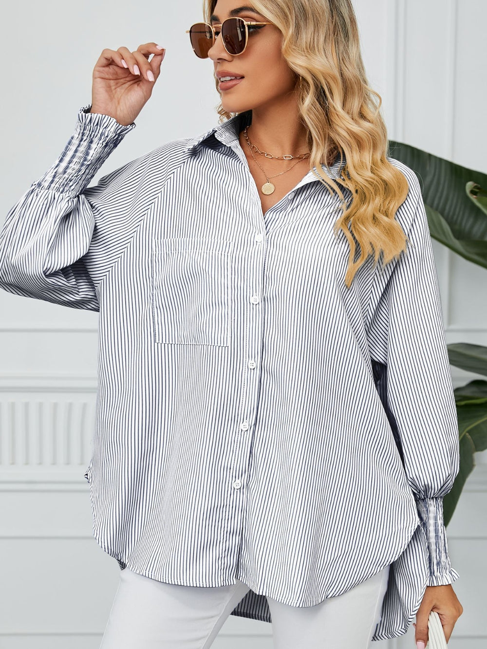 Striped Collared Neck Long Sleeve Shirt