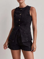 Button Down Vest and Shorts Denim Set