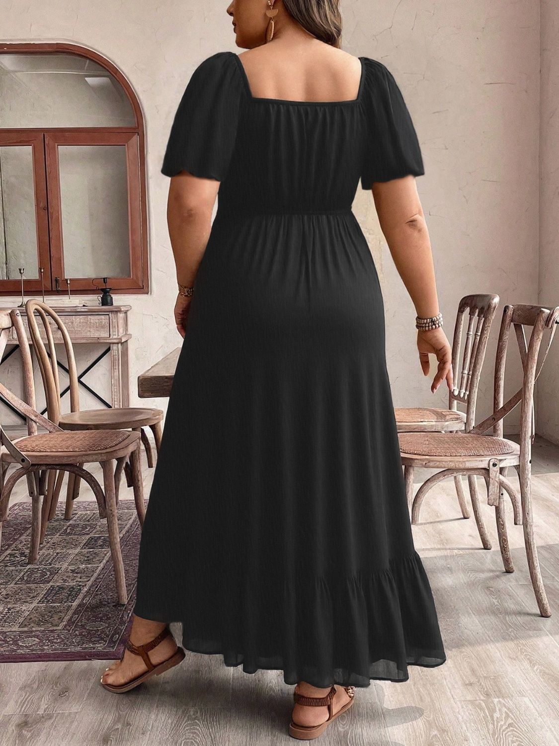 Plus Size Ruffled Hem Square Neck Short Sleeve Dress - felvior