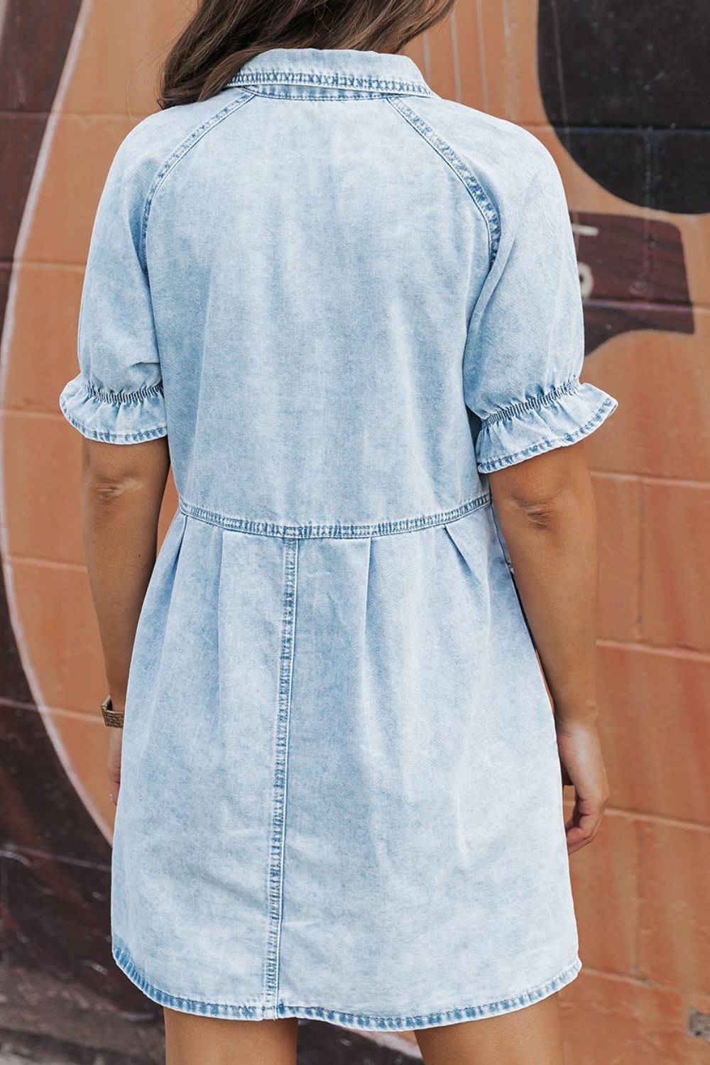 Mineral Wash Ruffle Sleeve Denim Dress - felvior