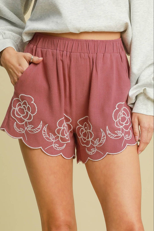 Umgee Full Size Linen Blend Shorts with Floral Embroidered Details Plus Size - felvior