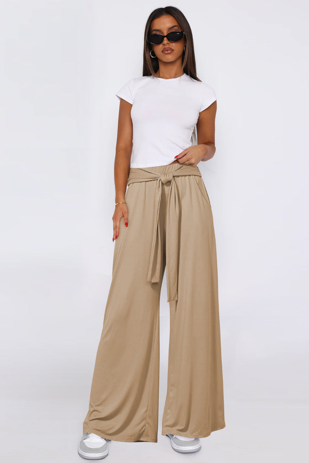 Tied Pocketed Wide Leg Pants