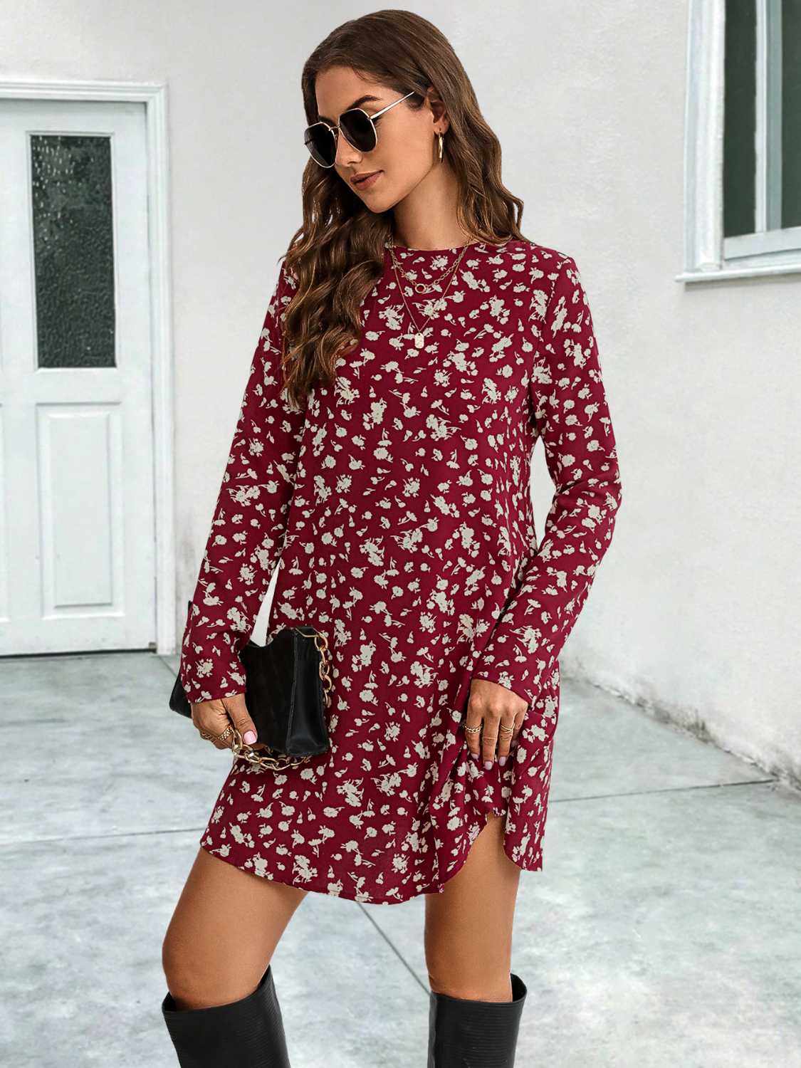 Round Neck Long Sleeve Mini Dress - felvior