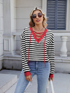 Lace-Up Striped Long Sleeve T-Shirt