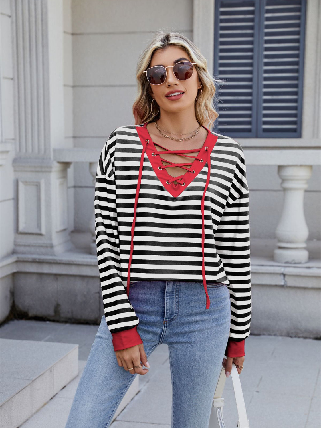 Lace-Up Striped Long Sleeve T-Shirt