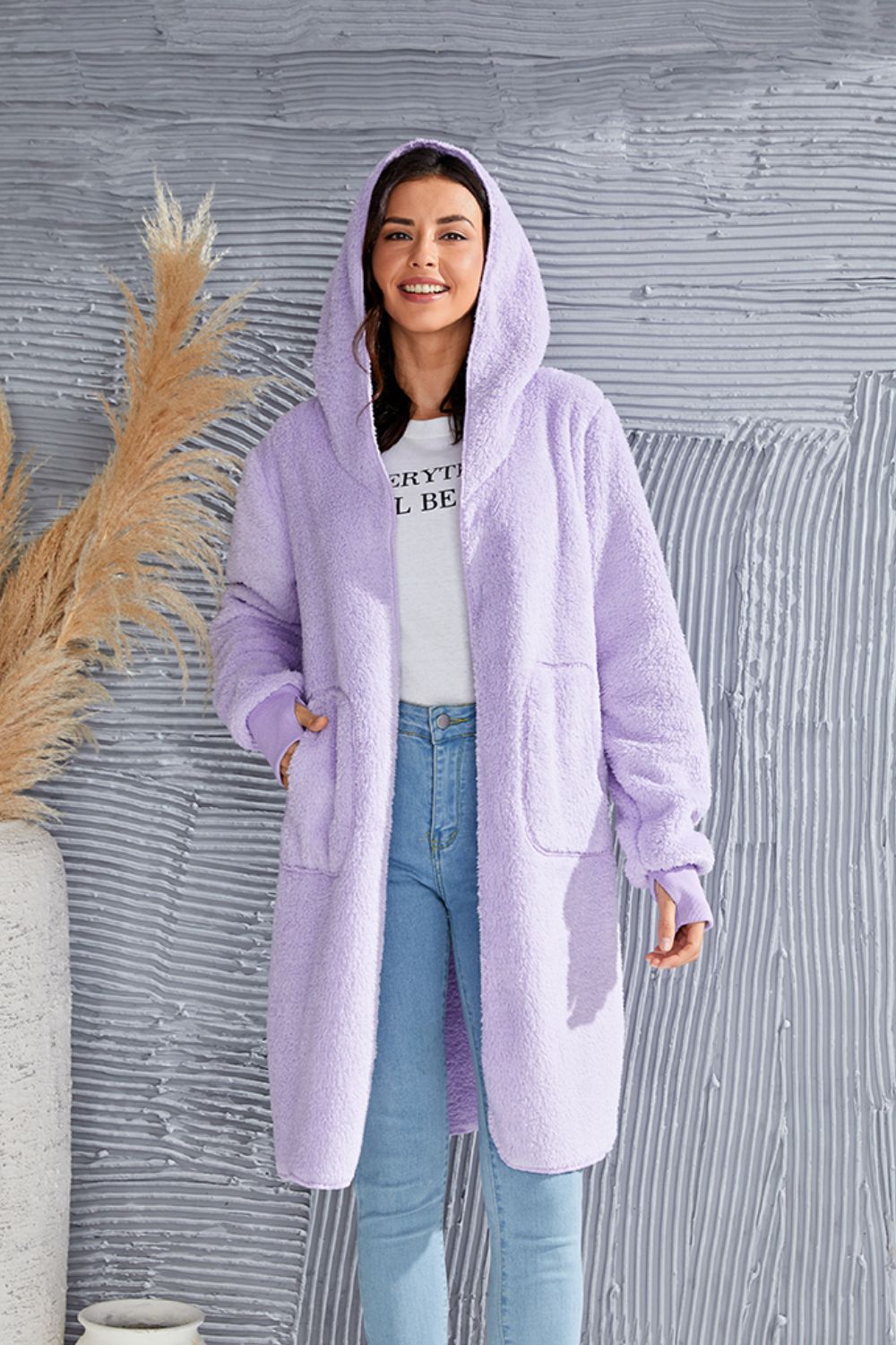 Double Take Full Size Hooded Teddy Bear Jacket with Thumbholes - felvior