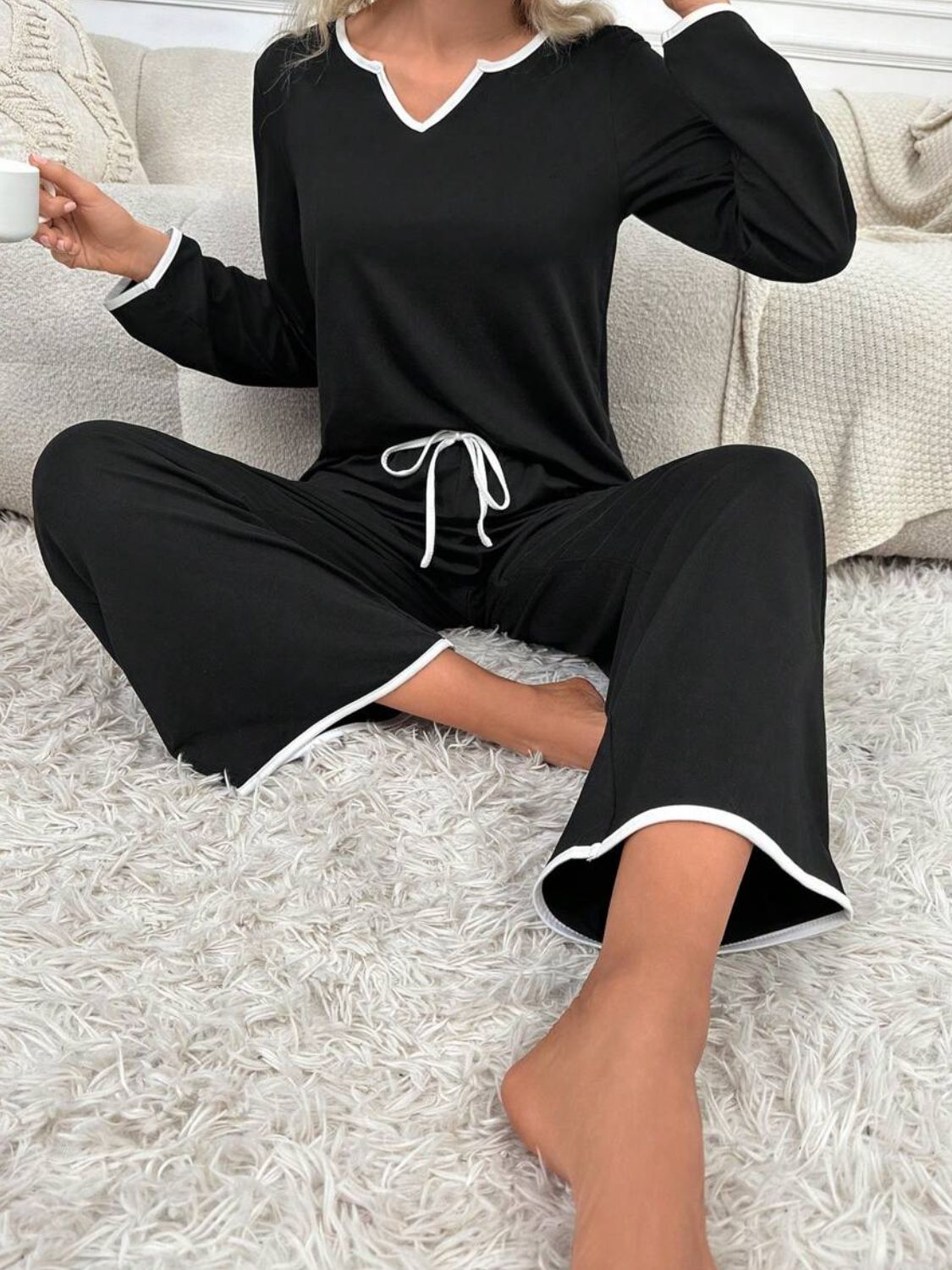 Contrast Trim Notched Long Sleeve Top and Pants Lounge Set - felvior