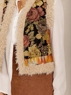 Embroidered Fuzzy Trim Open Front Vest Coat