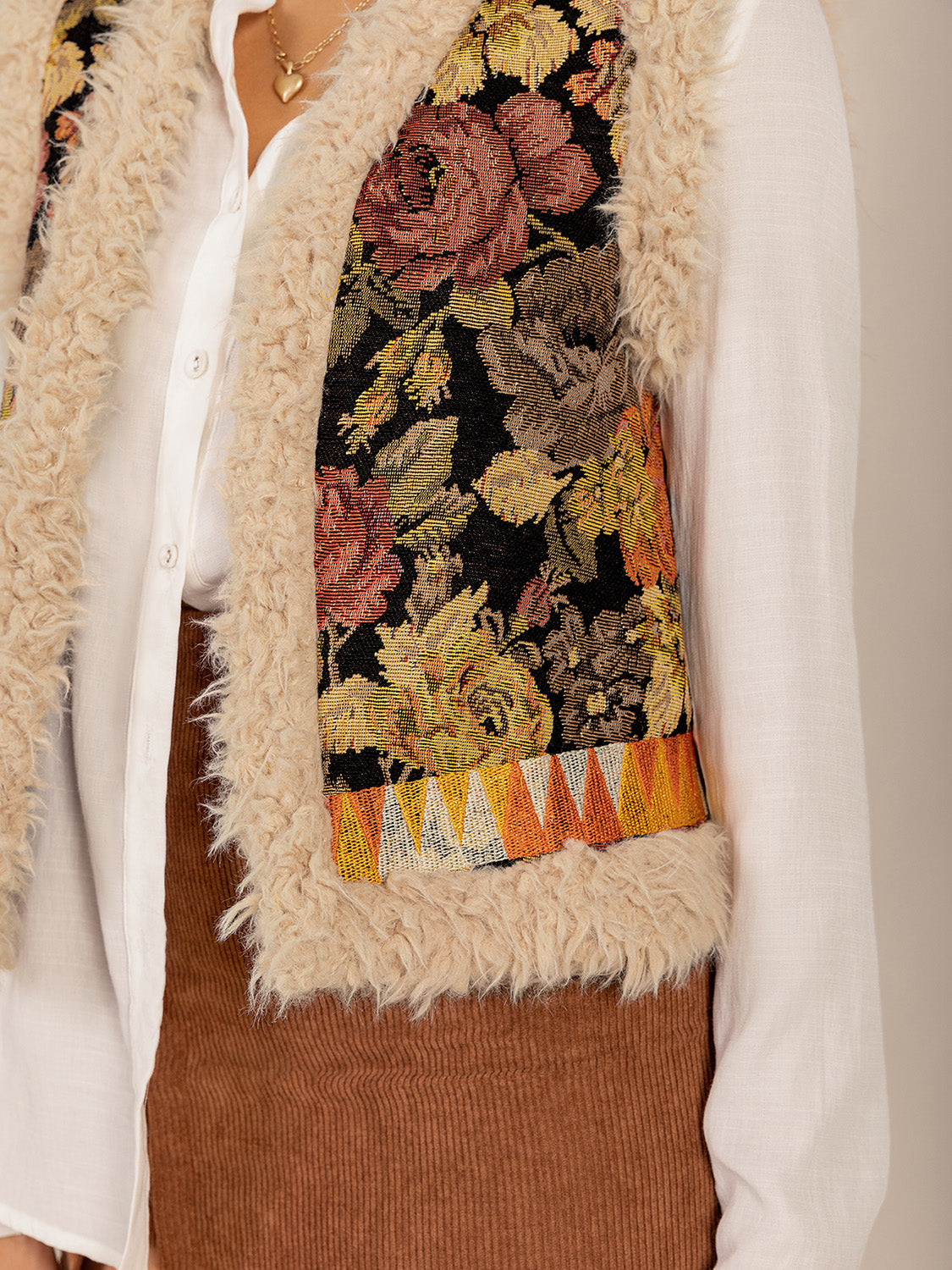 Embroidered Fuzzy Trim Open Front Vest Coat