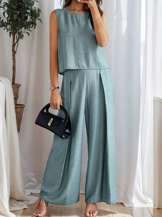 Round Neck Sleeveless Top and Wide Leg Pants Set - felvior