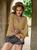 Plus Size Lace Detail V-Neck Flounce Sleeve Blouse - felvior
