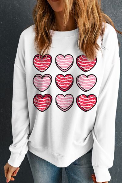 Valentine's Day Heart Round Neck Long Sleeve Sweatshirt - felvior