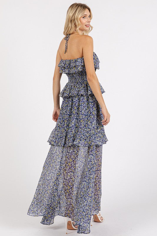Mittoshop Ruffled Smocked Floral Halter Neck Maxi Dress - felvior