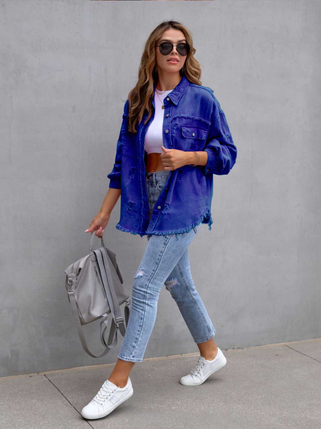 Distressed Drop Shoulder Denim Jacket - felvior