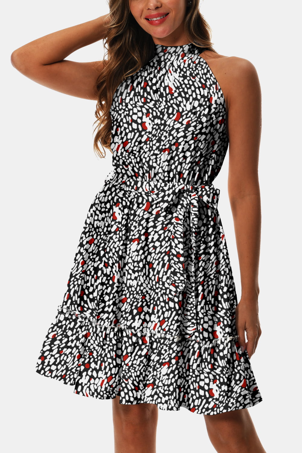 Printed Tie Waist Frill Trim Dress - felvior