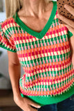 Contrast Striped V-Neck Knit Top - felvior