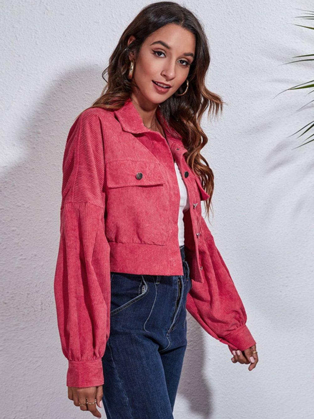 Button Down Collared Neck Cropped Jacket