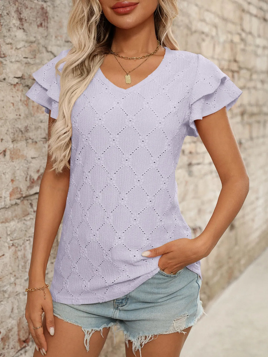 Eyelet V-Neck Ruffled Cap Sleeve Top