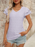 Eyelet V-Neck Ruffled Cap Sleeve Top