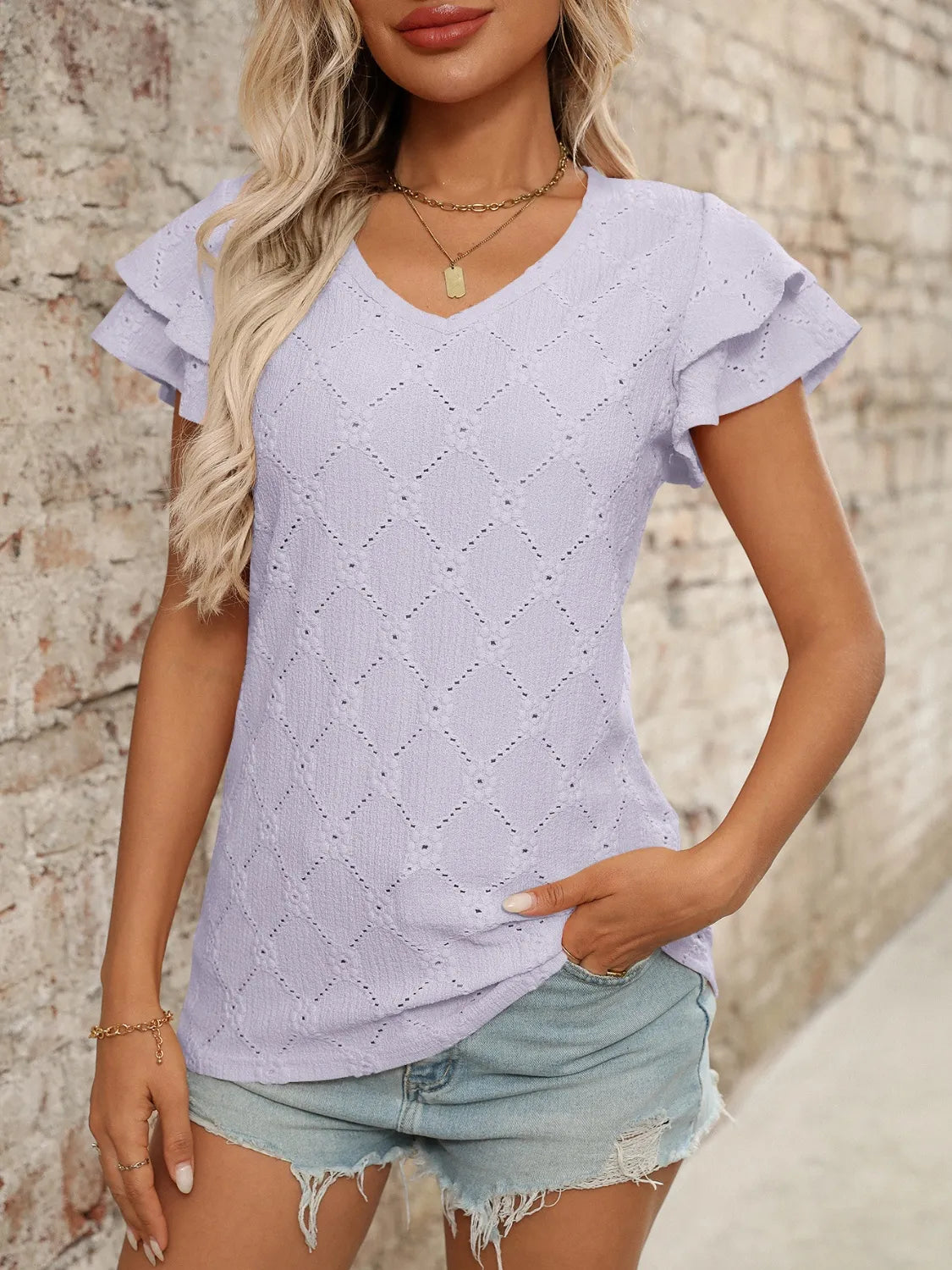 Eyelet V-Neck Ruffled Cap Sleeve Top