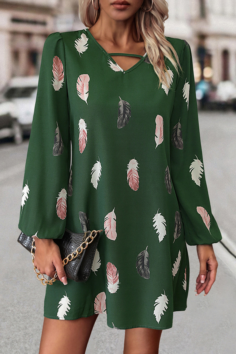 Feather Print V-Neck Dress - felvior