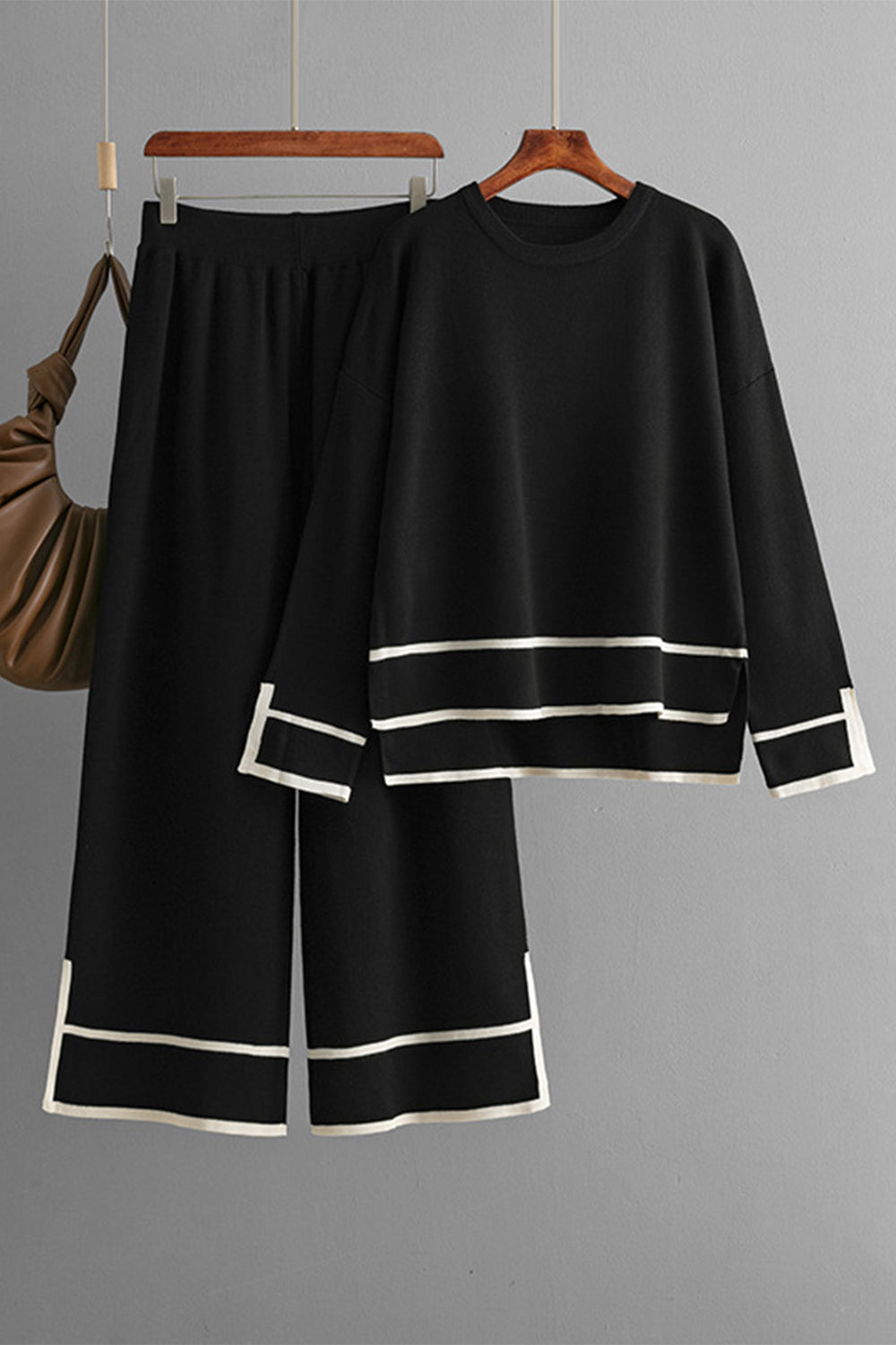 High-Low Round Neck Top and Pants Sweater Set - felvior