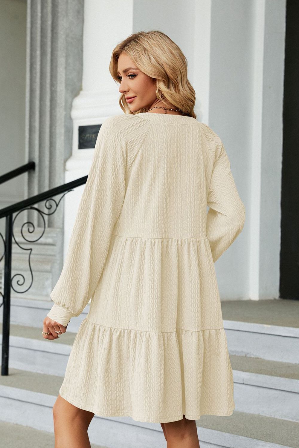 Notched Neck Long Sleeve Mini Dress - felvior