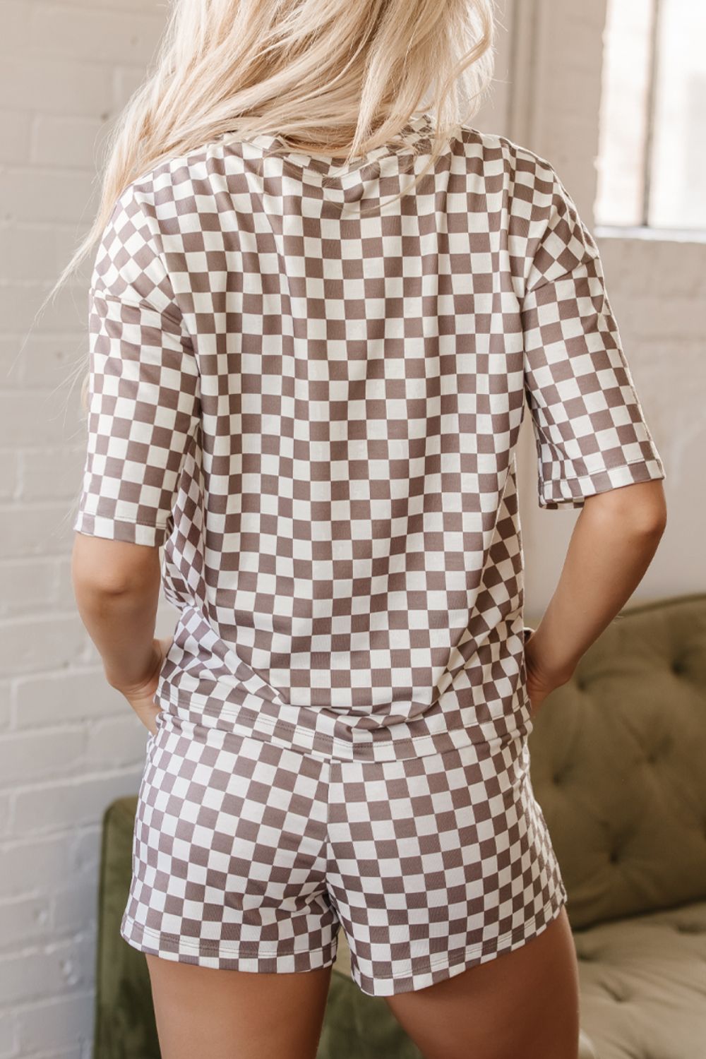 Checkered Round Neck Top and Shorts Set - felvior