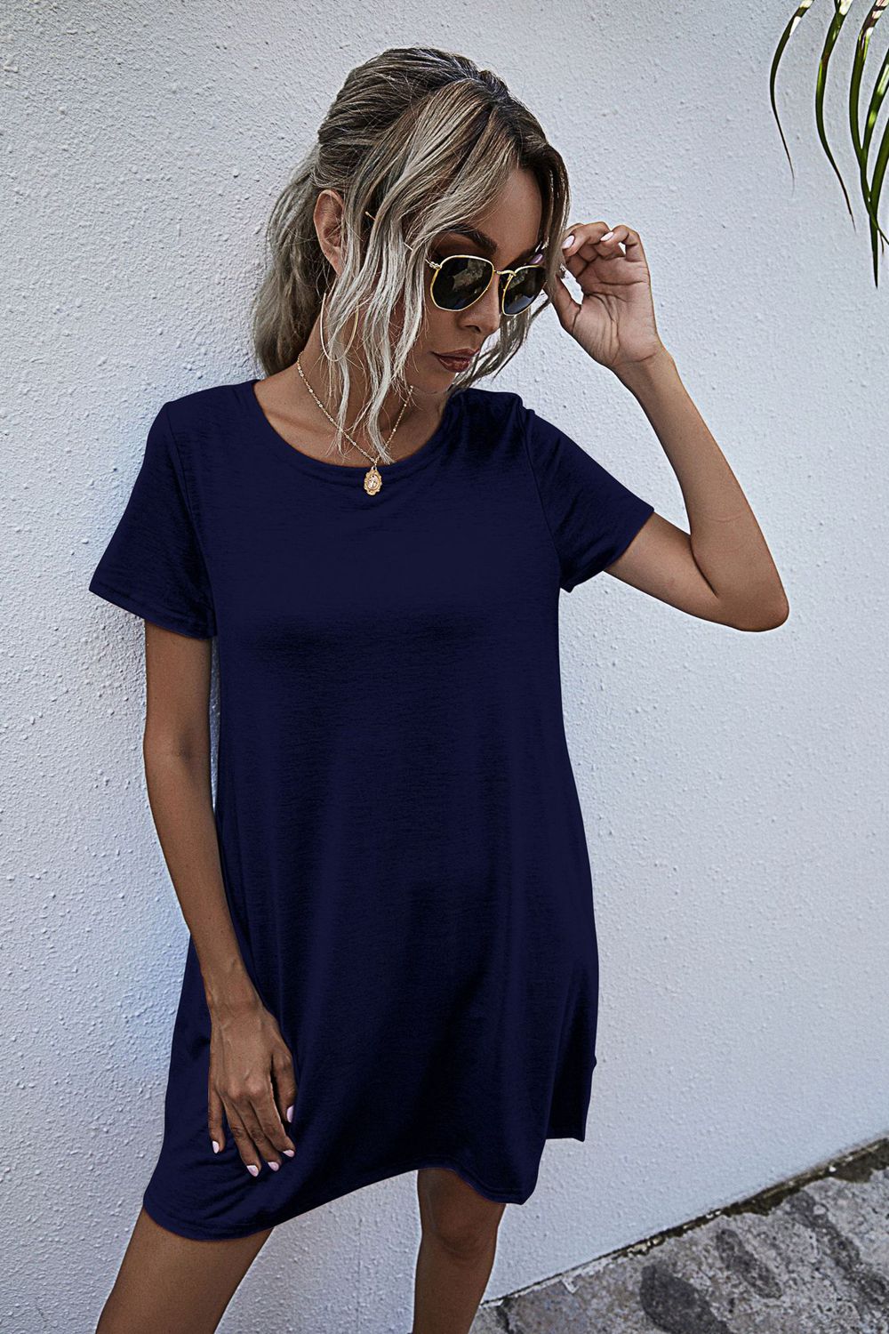 Round Neck Short Sleeve Mini Dress - felvior