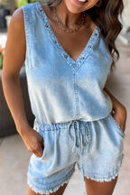 Raw Hem Studded V-Neck Drawstring Sleeveless Denim Romper