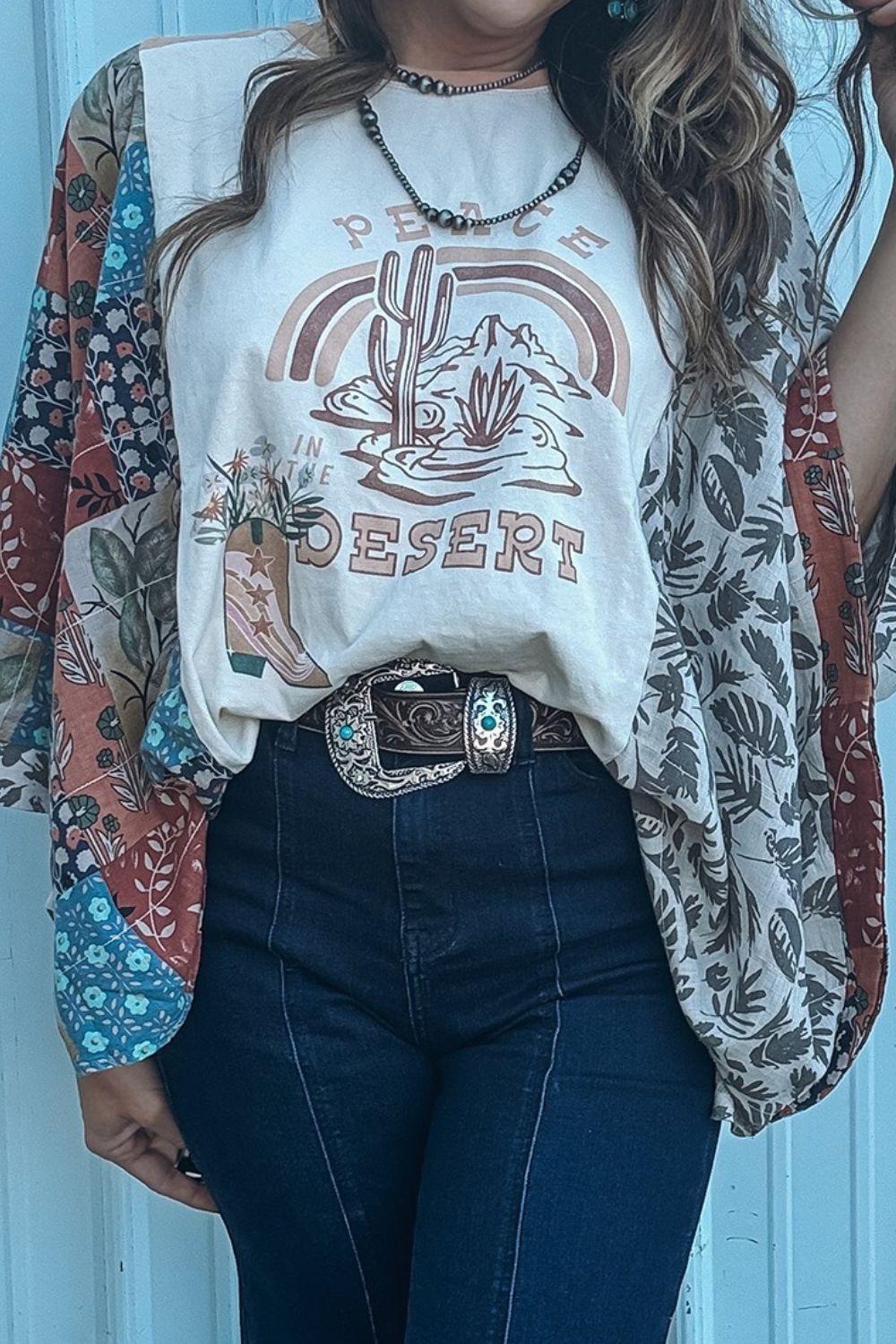 Peace Desert Graphic Asymmetric Printed Patchwork Sleeve Top Secondary image