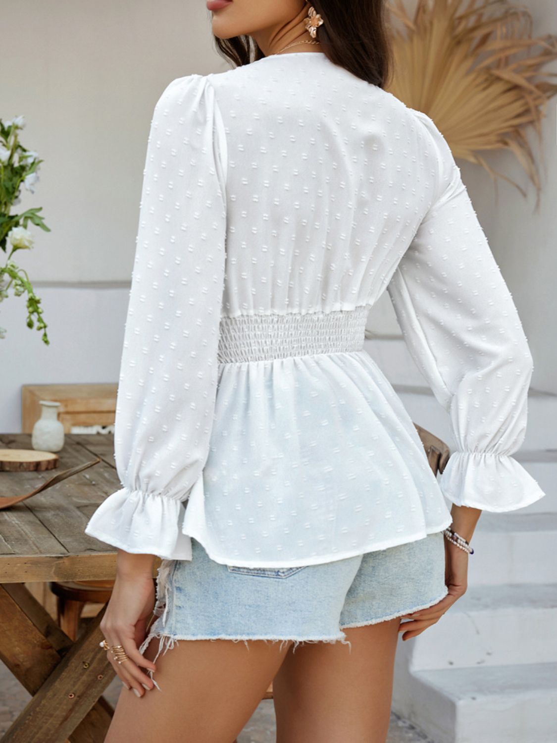 Devine Swiss Dot Lace Detail Surplice Flounce Sleeve Blouse - felvior