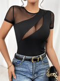 Mesh Patchwork Round Neck Short Sleeve Top - felvior