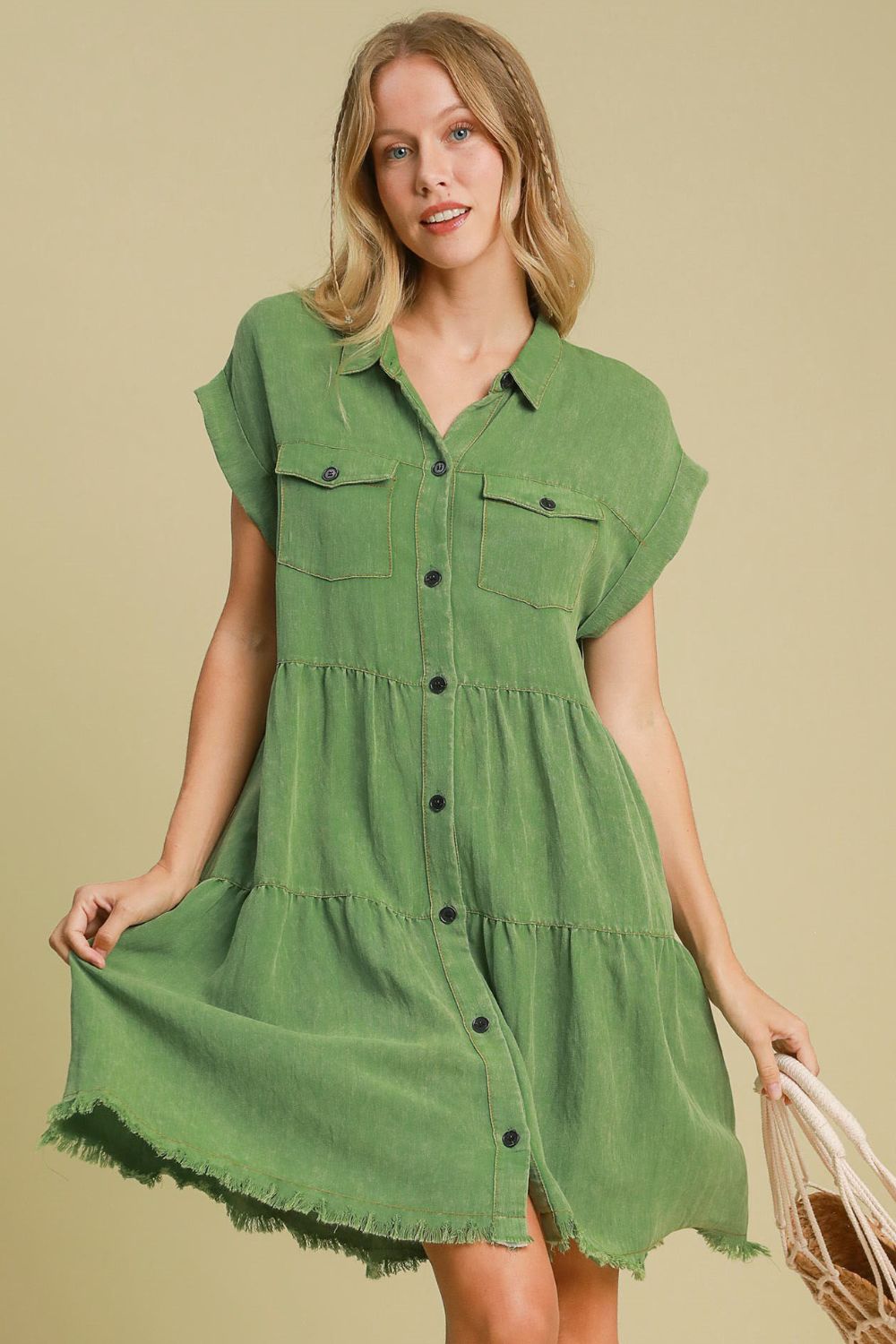Umgee Full Size Frayed Hemline Button Down Shirt Dress Plus Size - felvior