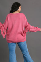 Umgee Full Size Fringe Round Neck Long Sleeve Sweater Plus Size
