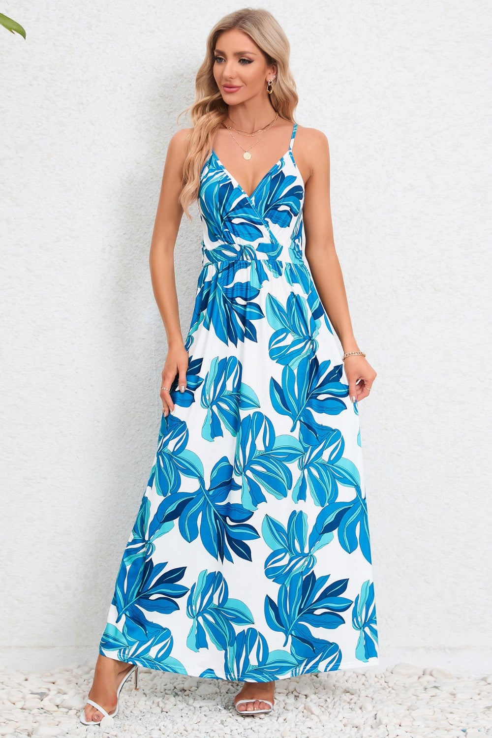Printed Surplice Maxi Cami Dress - felvior