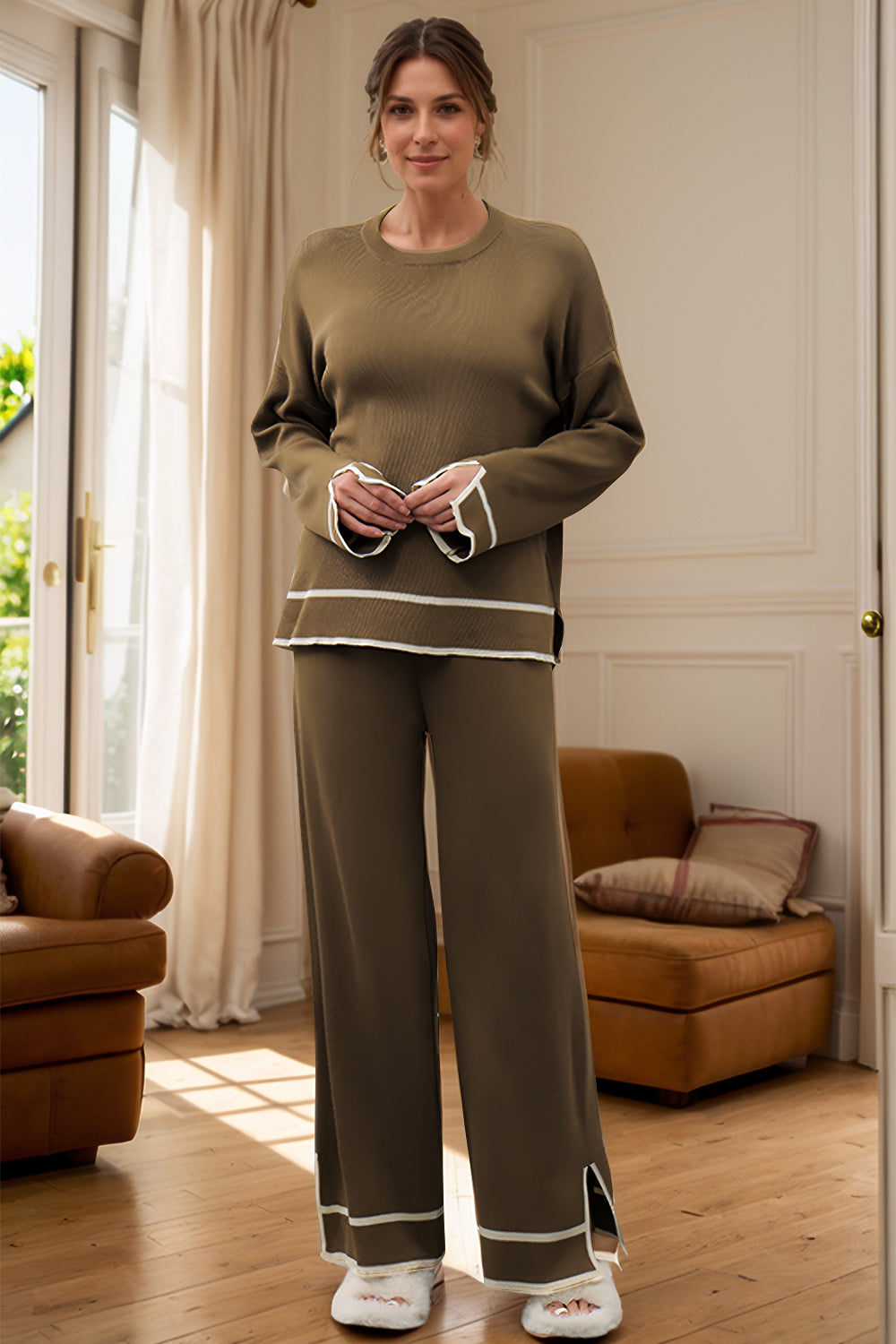 High-Low Round Neck Top and Pants Sweater Set - felvior