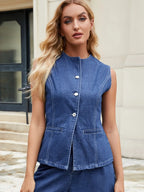 Button Down Vest and Shorts Denim Set