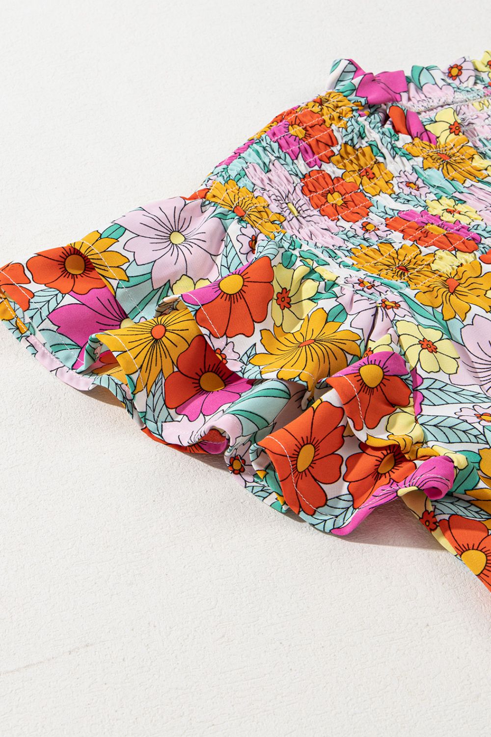 Floral Print Shirred Tiered Ruffled Sleeve Blouse