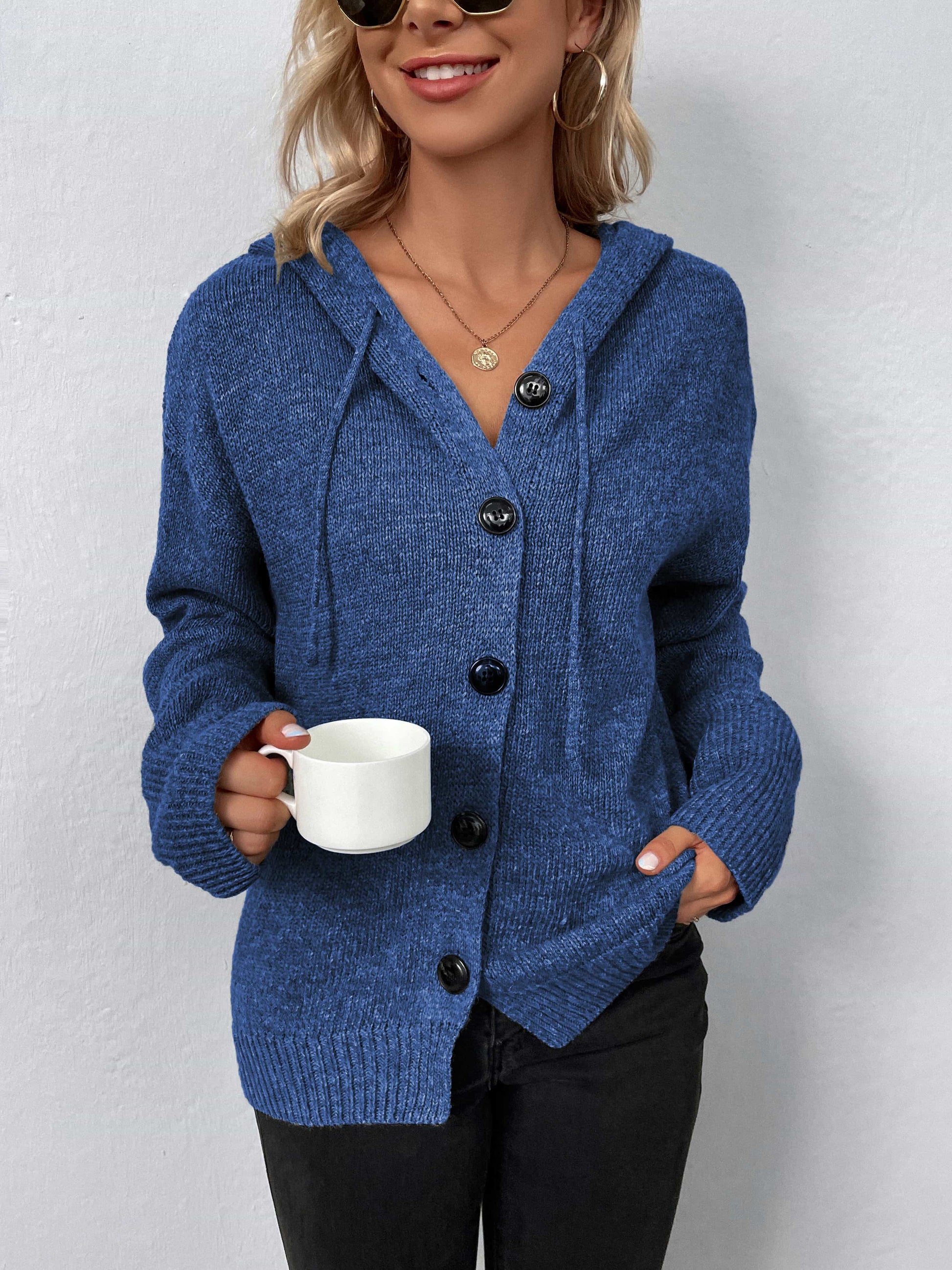 Button-Down Long Sleeve Hooded Sweater - felvior