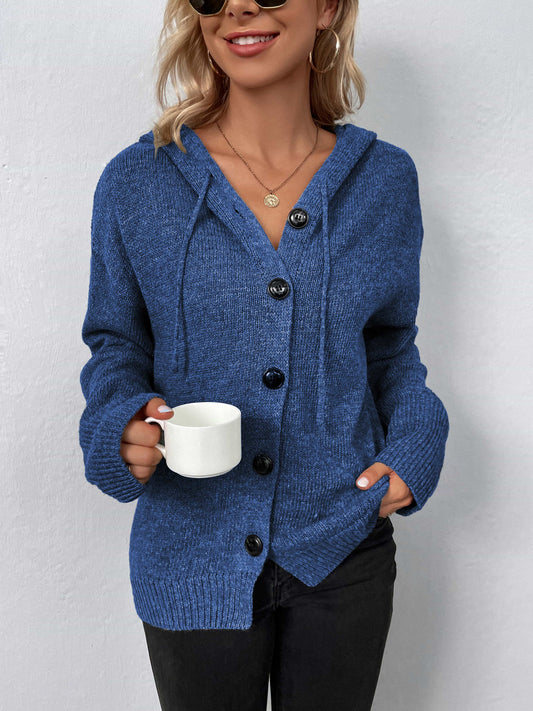 Button-Down Long Sleeve Hooded Sweater - felvior