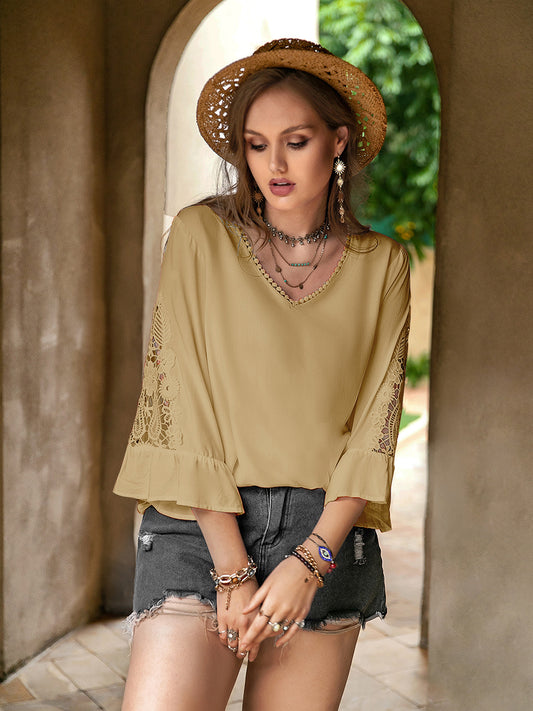 Plus Size Lace Detail V-Neck Flounce Sleeve Blouse - felvior