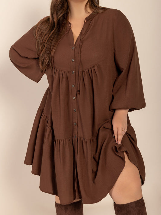 Plus Size Tie Neck Balloon Sleeve Tiered Dress - felvior