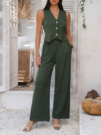 Devine Button Down Vest and Wide Leg Pants Set