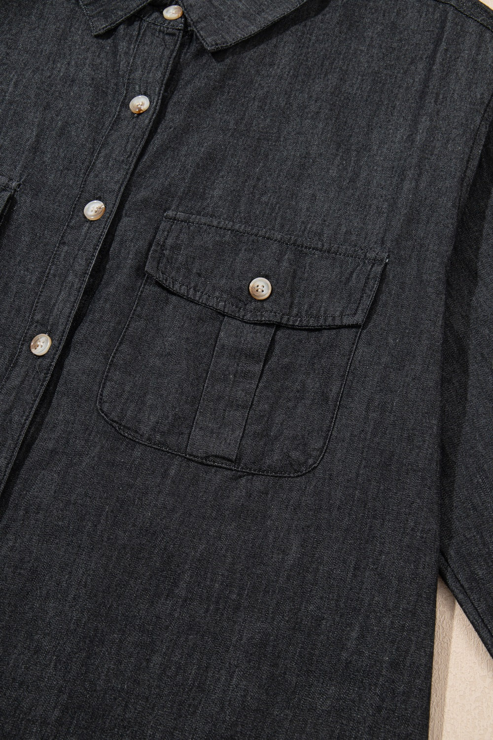 Pocketed Collared Neck Long Sleeve Denim Top - felvior